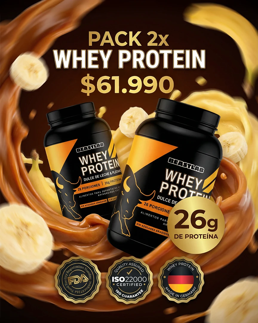 Pack 2x Whey Protein Beastlab 936 grs (Dulce de leche plátano y Crema de Avellanas).